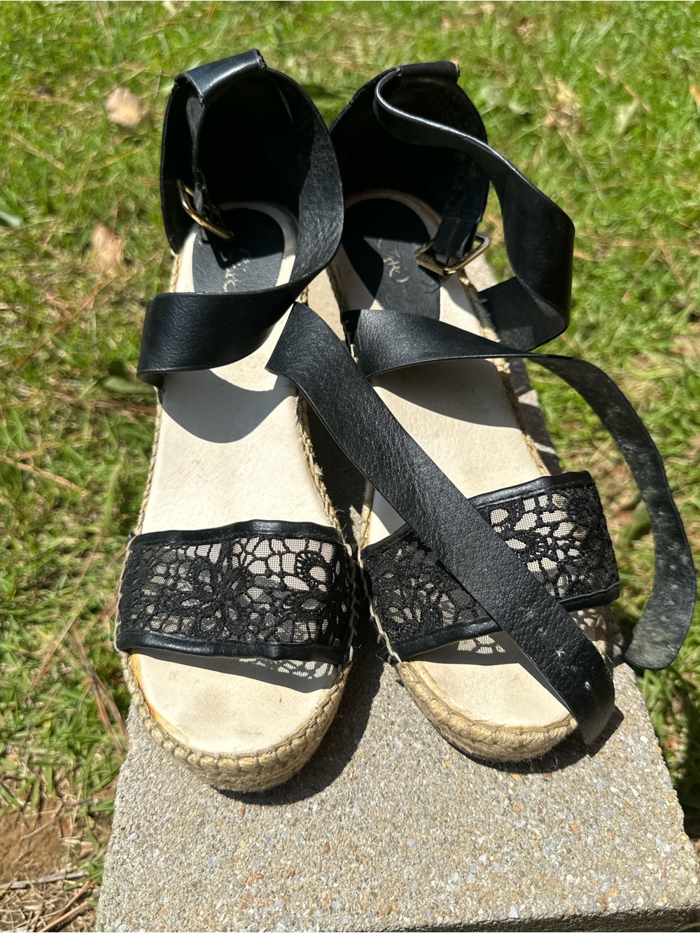 Black Lace & Leather Ankle-Tie Espadrille Wedges